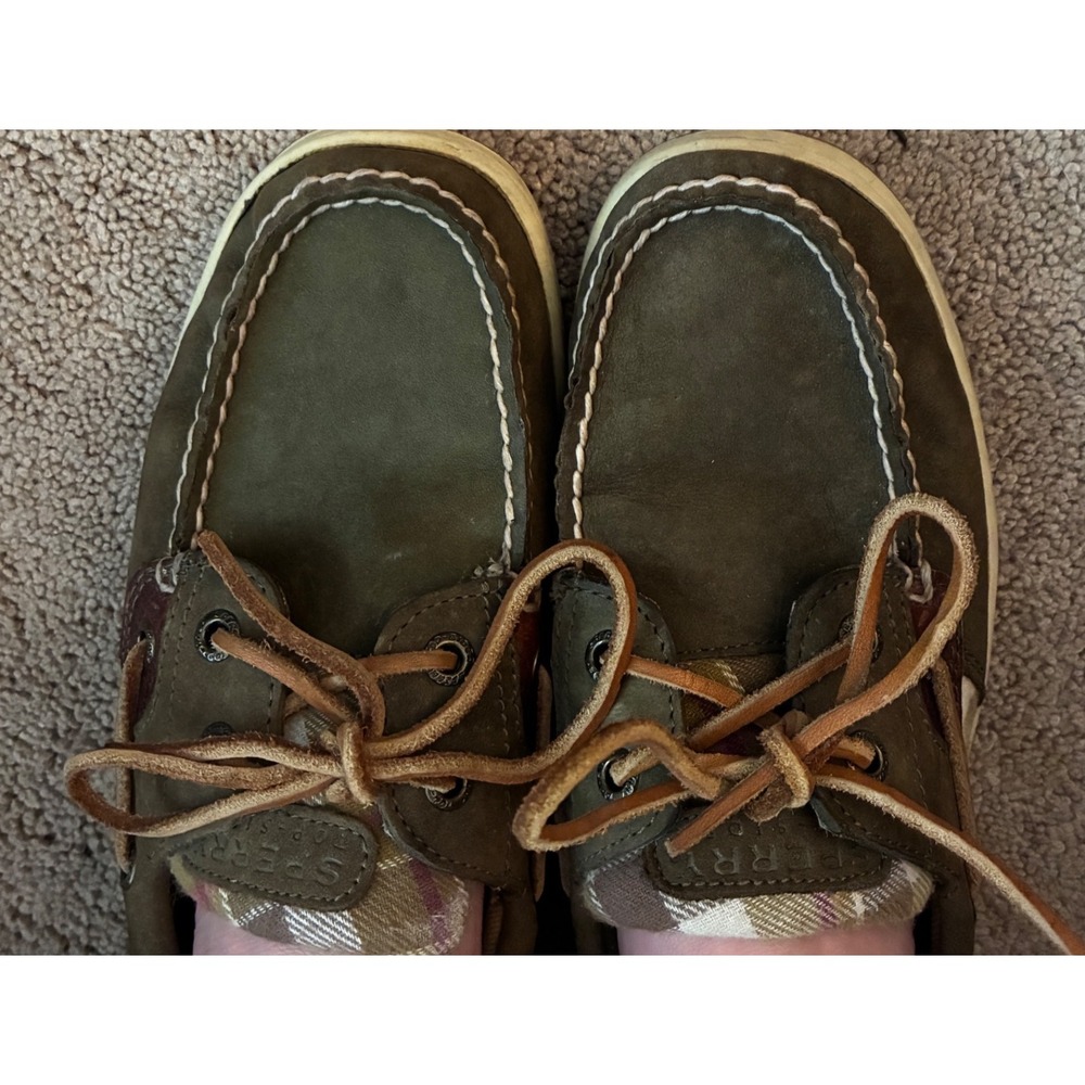 Sperry Boat Shoes Womens 8.5 Olive Green Plaid Top Sider Leather Nautical Loafer